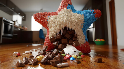 A colorful star-shaped object, filled with chocolate, spills onto a wooden floor.  Colorful candies and chocolate pieces litter the floor around a large, star-shaped confection