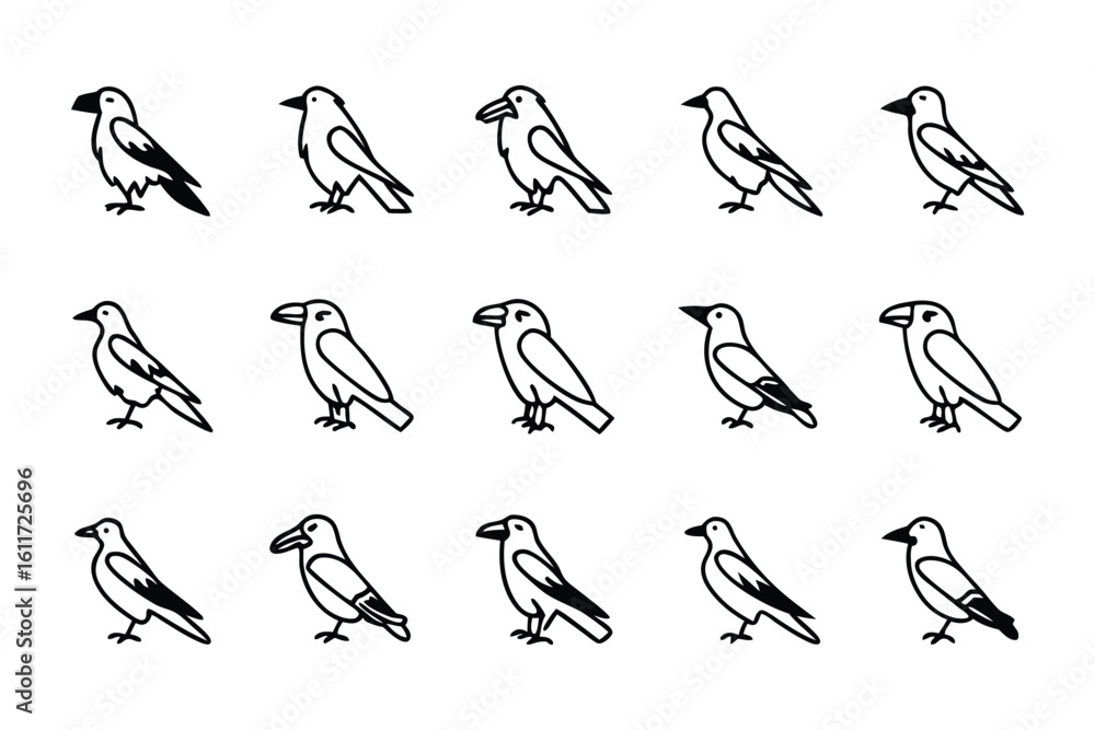 Poster monochrome crows: a symmetrical arrangement of simple monochrome crows, each depicted in a unique po