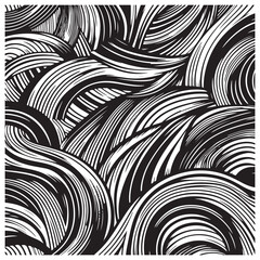 Curved lines pattern. Black paint freehand scribbles, abstract ink background. Brushstrokes, smears, lines, squiggle pattern. Abstract wallpaper design, textile print.