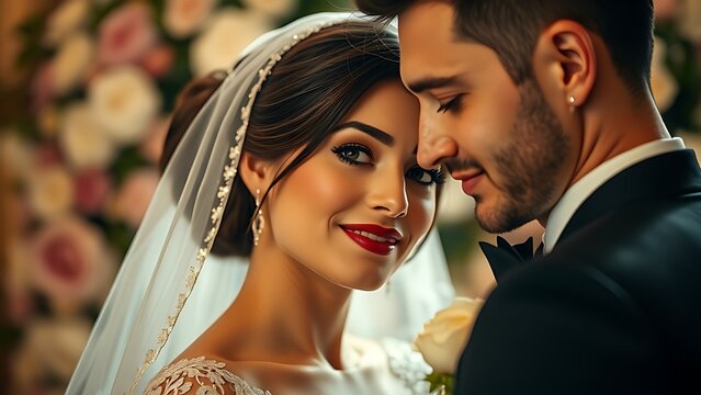 A bride and groom in elegant attire, capturing love and romance in a timeless moment.