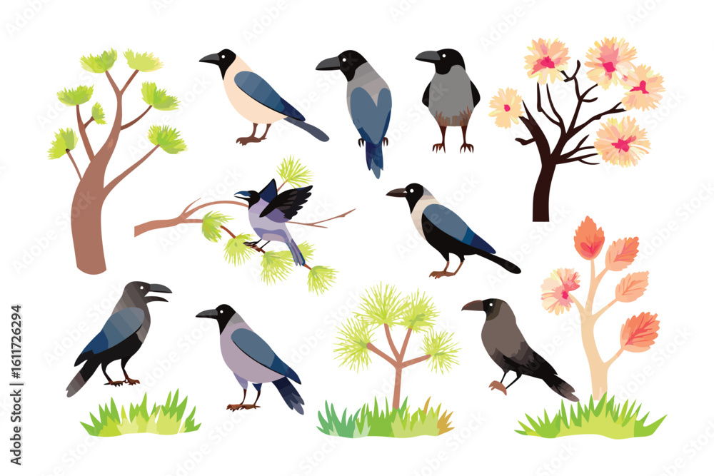 Poster crow and trees illustration: a digitally crafted illustration showcases a diverse flock of crows in 