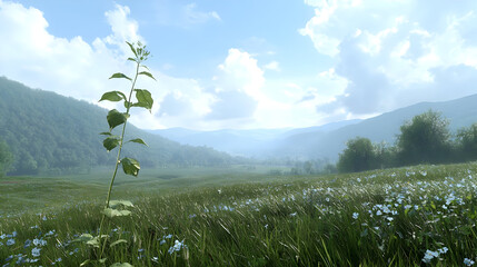 A single plant stands tall in a field of wildflowers, bathed in sunlight, overlooking a valley. Lush green hills form the background, punctuated by forests