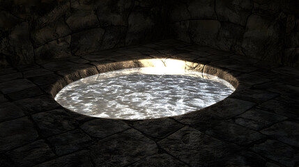 Circular pool of water in a dark stone room. Sunlight highlights the water's surface.  Stone walls and floor surround the pool