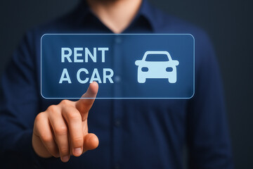 Man Tapping Rent a Car Virtual Button with Car Icon, Modern UI Concept, Booking Service, Transportation Rental, Digital Interface
