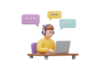 Cartoon Man with Headset Typing on Laptop with Speech Bubbles on Transparent