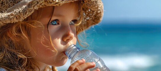 Child drinking water outdoors near ocean summer day