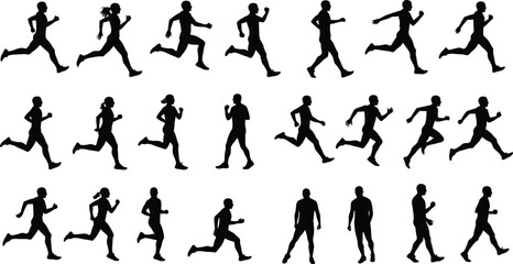 Silhouette running poses, jogging man vector, runner sequence illustration, human sprint motion, fitness clipart, athlete run cycle, black silhouette runners, exercise figures, editable