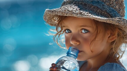 Child drinking water outdoors wearing a straw hat