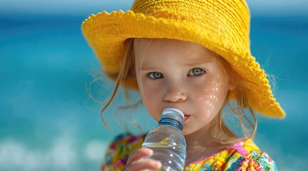 Child drinking water outdoors wearing a yellow hat