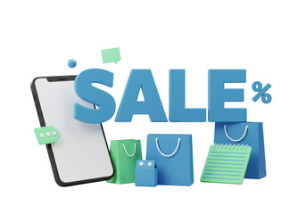 Blue Sale Text with Shopping Bags and Mobile Phone on Transparent Background