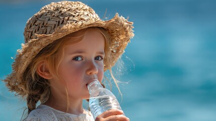 Girl drinking water outdoors wearing straw hat
