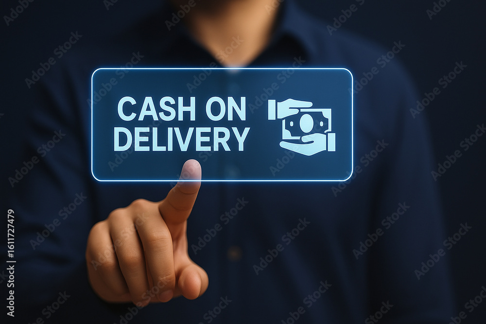Poster man tapping virtual cash on delivery button with holographic interface in modern e-commerce payment 