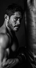 Man boxing near punching bag intense training session