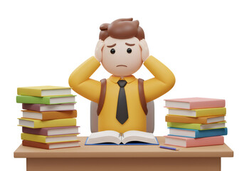Stressed Cartoon Student with Books and Backpack Against Transparent Background