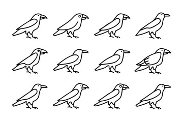 Raven Line Art: A series of stylized raven illustrations, each captured in a clean line art style, showcasing the bird's elegant form and detailed features.