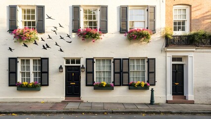A charming white brick townhouse facade adorned with flower boxes and black shutters creates a welcoming urban scene