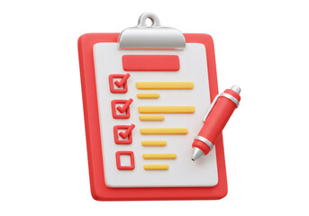 Red and White Clipboard with Checkmarks and Pen on Transparent Background