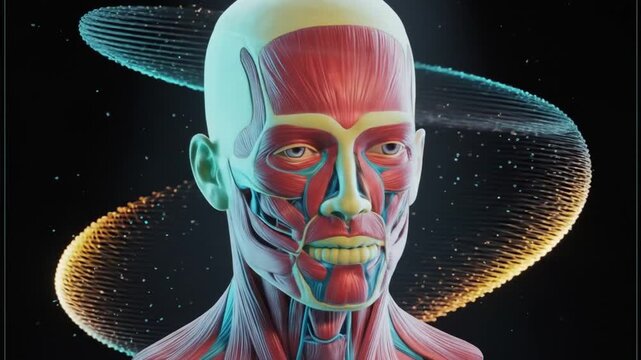 Visualizing Human Anatomy: A 3D Render of Facial Musculature and Cranial Structure
