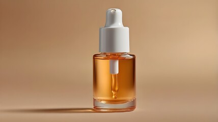 Dropper bottle with cosmetic serum on beige background for skincare product mockup or beauty packaging design