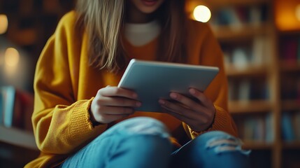Woman using tablet for online learning or entertainment in casual setting at home or library setting silhouette
