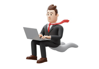 Cartoon Businessman Working on Laptop While Sitting on a Cloud in 3d Rendering