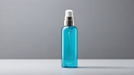 Transparent pump bottle with liquid on neutral surface ideal for beauty product mockup or personal care branding