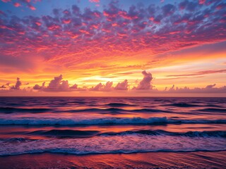 Vibrant sunset over the ocean with colorful clouds and gentle waves