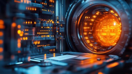 A futuristic vault filled with digital assets, crypto coins, and financial documents glowing with opportunity
