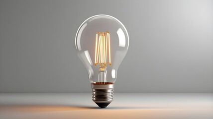 Glowing clear filament light bulb on gray background perfect for electricity innovation or energy concept visuals