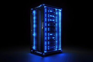 A modern server rack with blue LED lighting, showcasing advanced data center technology.