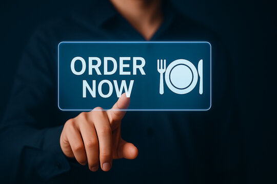 Modern hand touching glowing order now button with plate and cutlery icon for food delivery and restaurant web interface