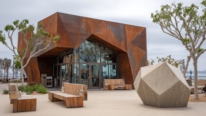 Modern building exterior with sculpture and waterfront view