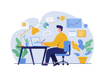 Man Analyzing Data on Laptop in Modern Office Workspace with Desk Lamp and Plants