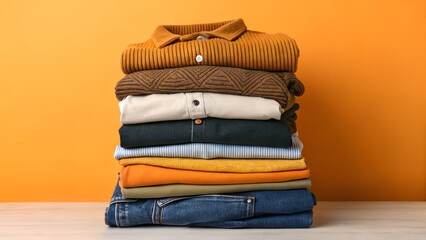A neatly arranged stack of folded clothing items, showcasing a variety of colors and textures against a vibrant orange backdrop