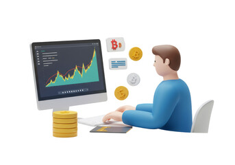 3D Render of Person Analyzing Financial Chart on Computer with Gold Coins on Transparent