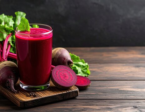 Fresh vibrant beetroot juice in a tall glass on wooden table with fresh beets and greens on dark background healthy vegetable beverage