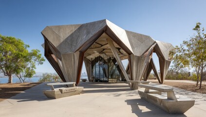 Modern concrete structure overlooks bay with clear sky