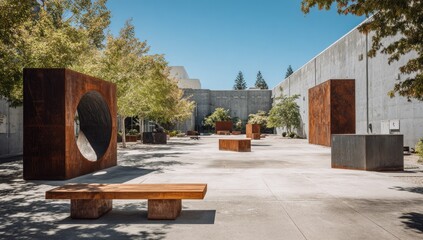 Modern courtyard with concrete benches and steel sculptures