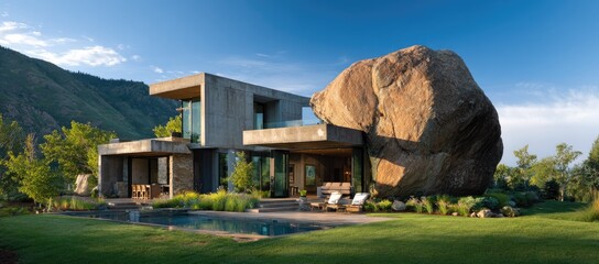 Modern house blends with large rock formation in mountain landscape
