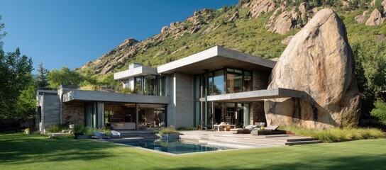 Modern house blends with mountain landscape and pool area