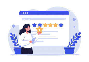 Woman Giving Online Feedback with Five Stars in a Customer Satisfaction Concept