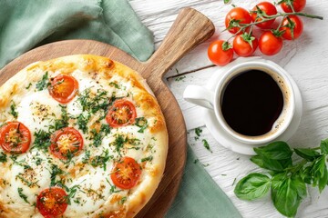 Pizza with tomatoes herbs and a cup of black coffee on a wooden board and white table