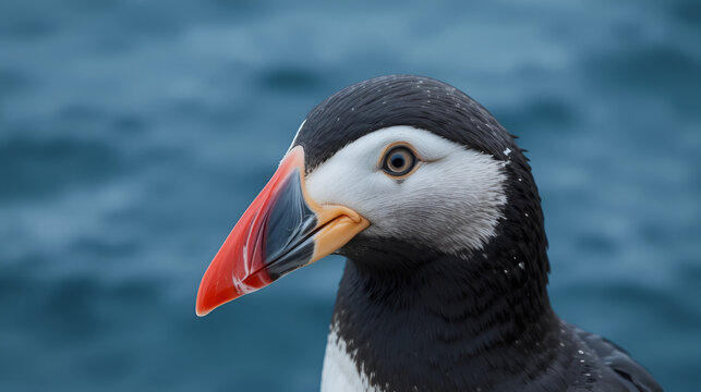 Portrait of razorbill - Alca torda - with dark blue water background. Photo from Hornoya Island in Norway