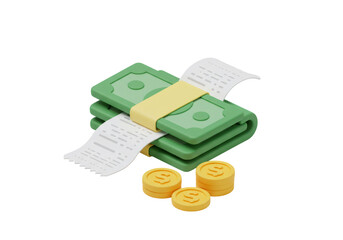 Dollar Bills Stack with Coins and Receipt on Transparent Background Illustration