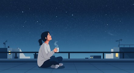 Fototapeta premium Minimal flat design of a single person sitting on a rooftop with a hot drink, watching the stars with a relaxed expression