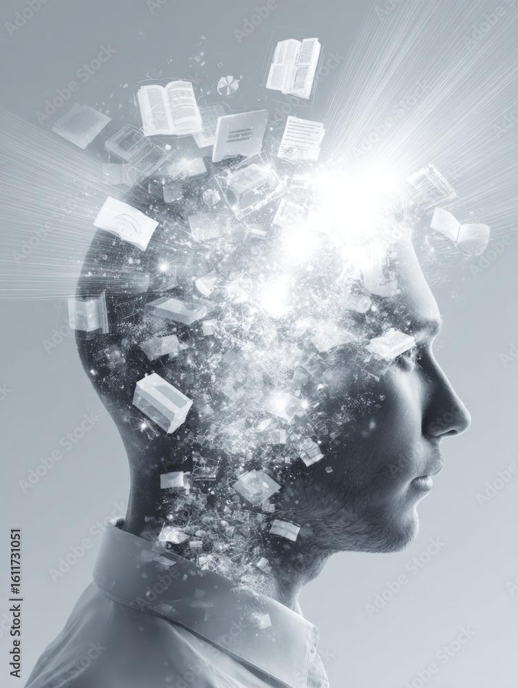 Poster creative explosion of knowledge with light beams and floating symbols emanating from an open head sh