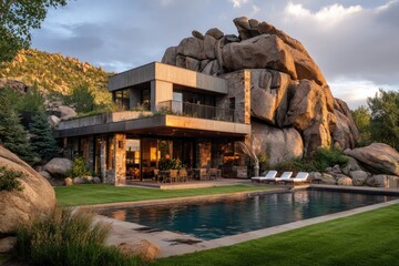 Modern house blends with rocky landscape and swimming pool