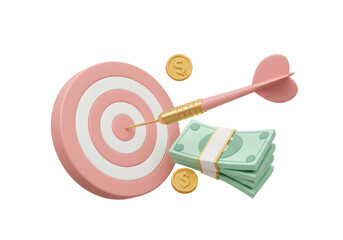 Pink Target with Golden Arrow and Stack of Green Money Isolated on Black
