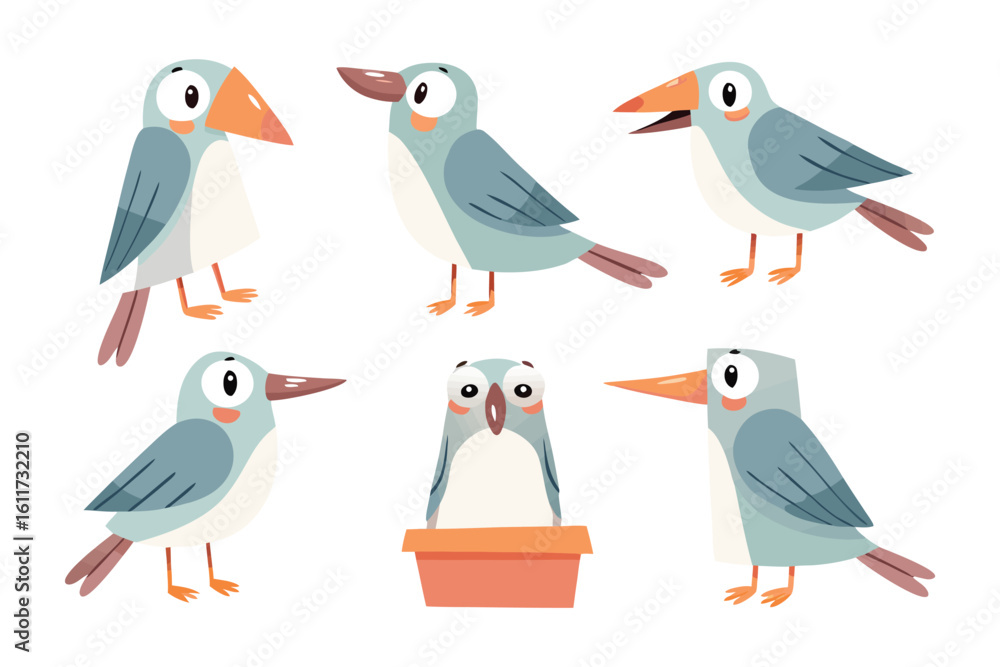 Poster playful avian parade: an delightful collection of cartoon birds, each uniquely posed, presenting a c