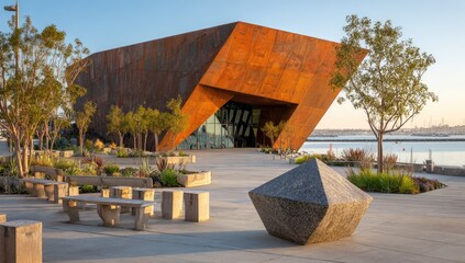 Modern museum building with rust finish and waterfront view
